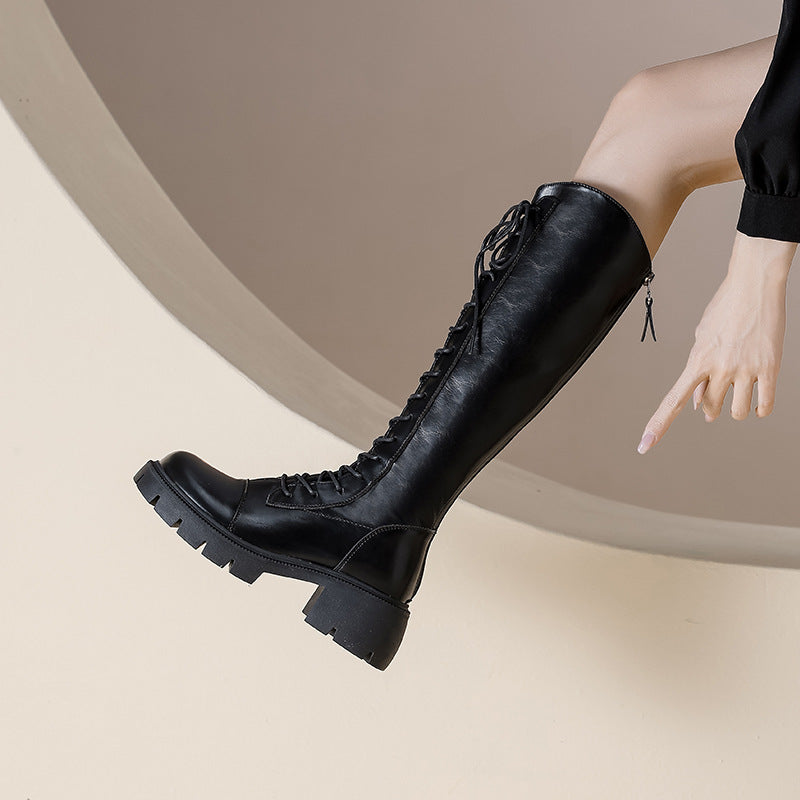 Chunky Platform Large Small Size Below The Knee Fat Widened Women's Leather Boots
