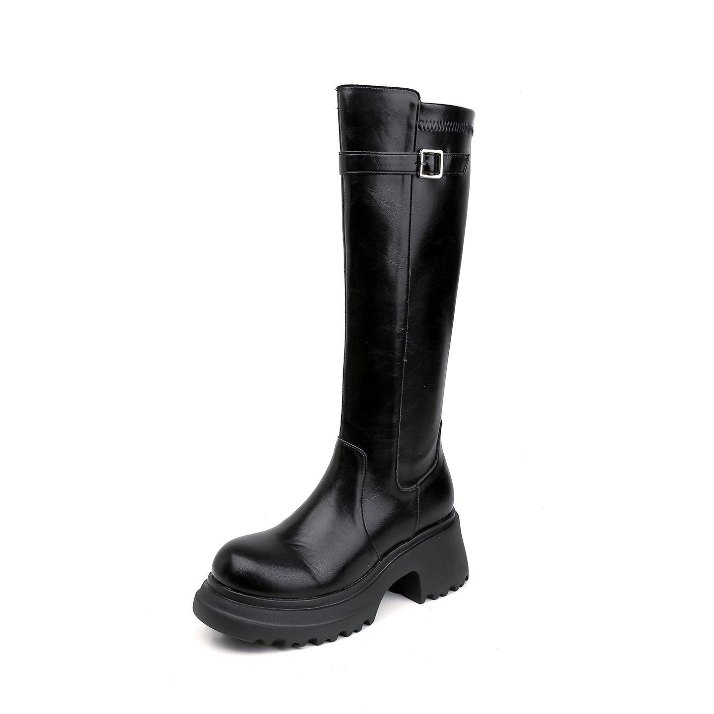 Women's Buckle Below The Knee Widened Back Women's Leather Boots