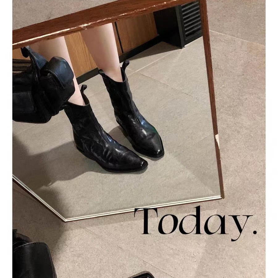 Women's Fashionable Pointed Toe V-shaped Mouth Vintage Denim Genuine Skinny Thick Women's Leather Boots