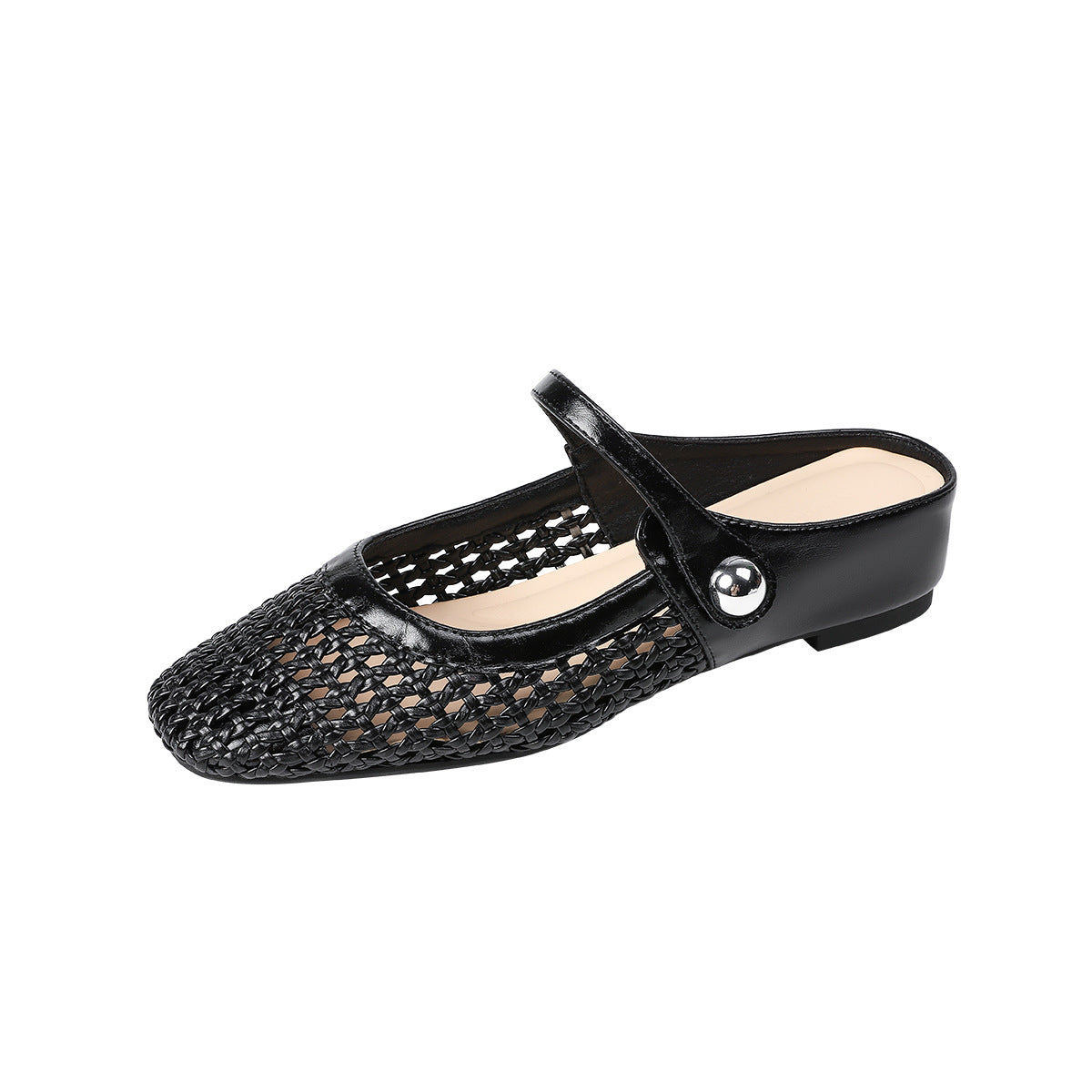 Women's Square Toe Woven Hollowed Breathable Height Increasing Insole Back Open Women's Fashion Shoes