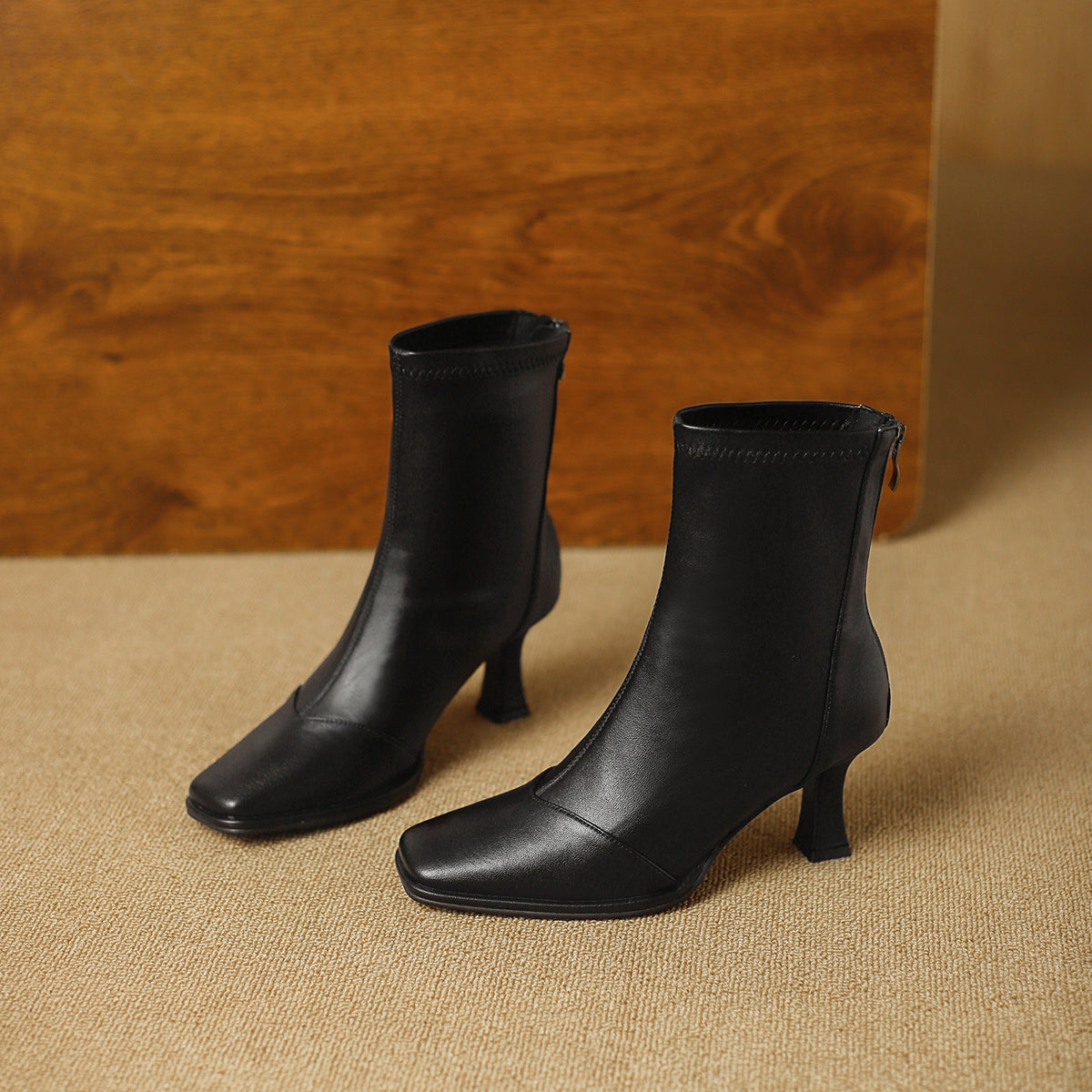 Women's Style High Stiletto Square Toe Back Zipper Graceful Fashionable Slimming Women's Leather Boots