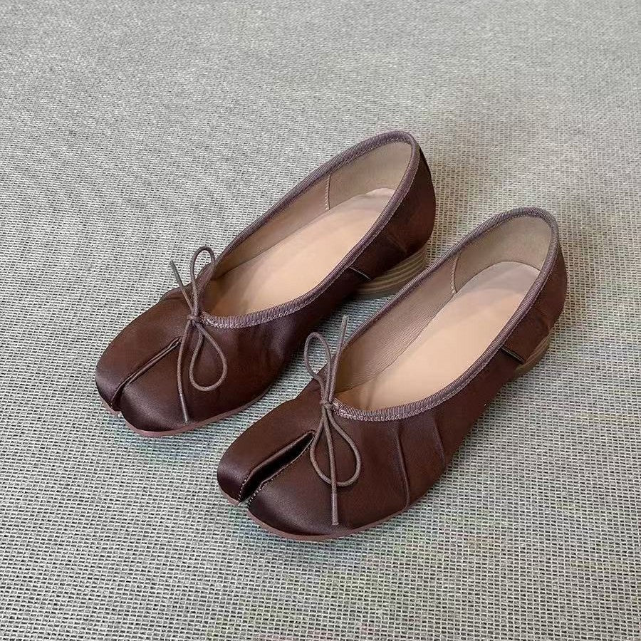Style French Vintage Bow Split Toe Shallow Mouth Women's Fashion Shoes
