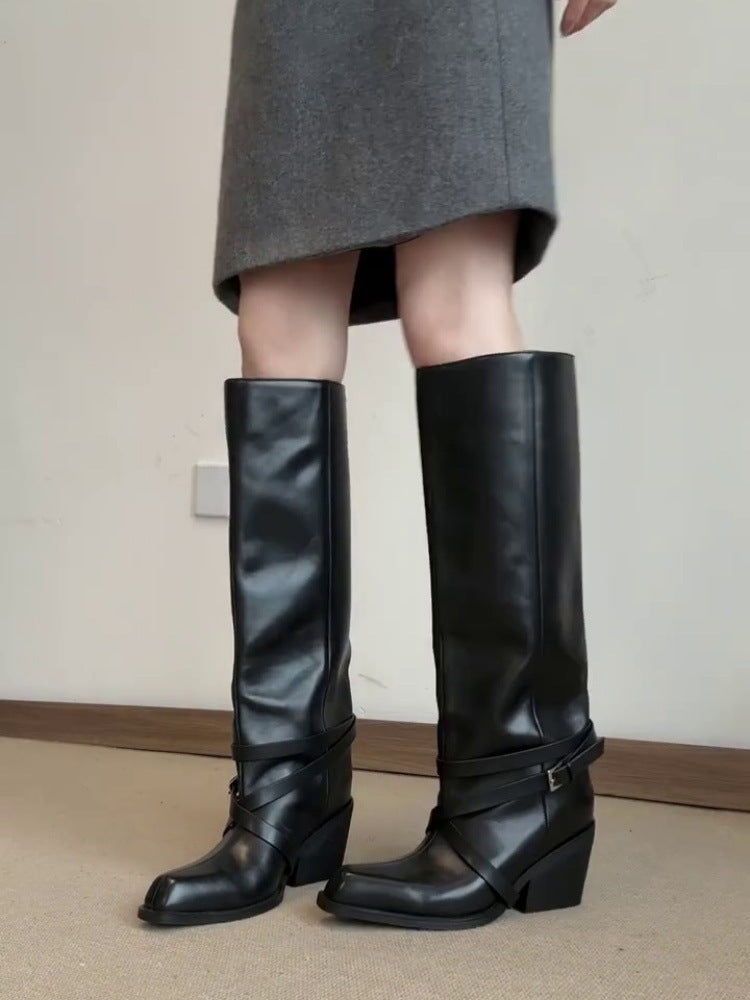 Hair Retro Style Below The Knee Tall Knight Belt Heels