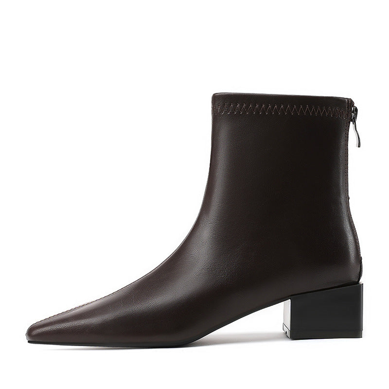 Women's Cherry Red Square Toe Chunky Chelsea Smoke Pipe Short Motorcycle Women's Leather Boots