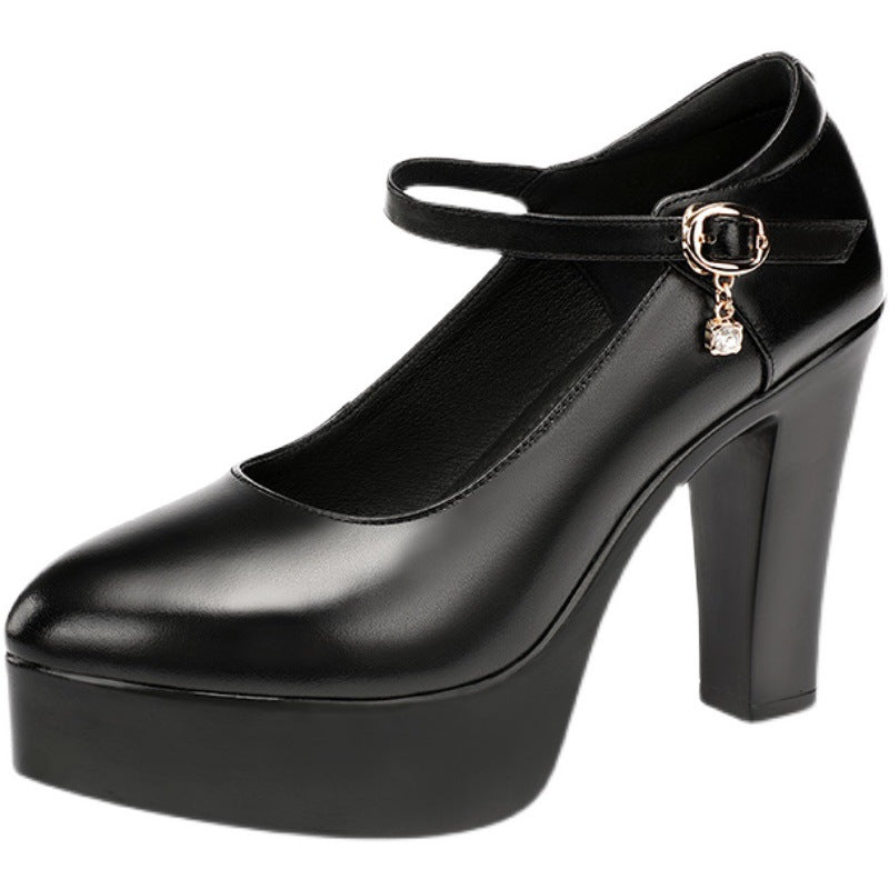 Women's High Chunky Waterproof Platform Cheongsam Model Pumps Pointed Black Soft Leather Shoes