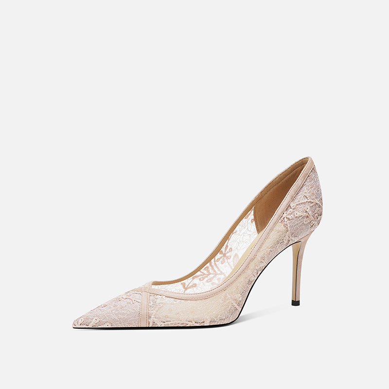 Women's Sheepskin High Lace Breathable Hollow Out Pumps Fairy Pointed Toe Women's Fashion Shoes